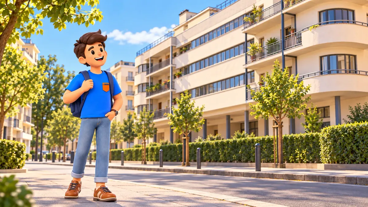 Un viajero observa una fachada residencial modernista desde la calle