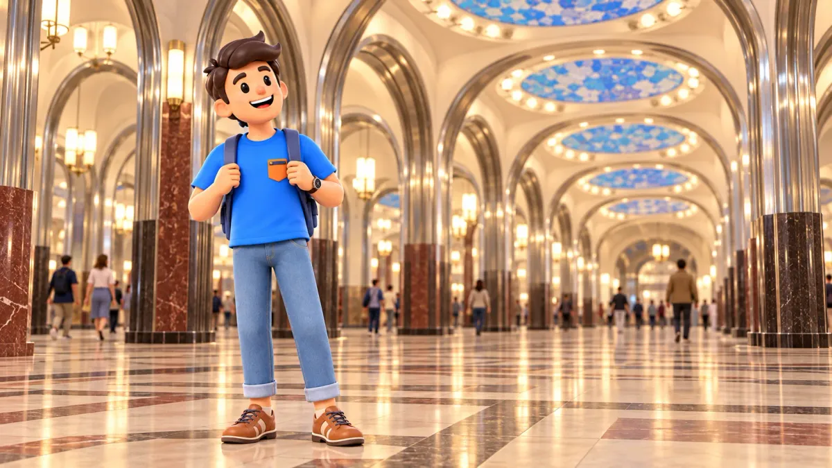A traveler in an illustrative metro hall with metal arches and abstract ceiling mosaics, 3D illustration