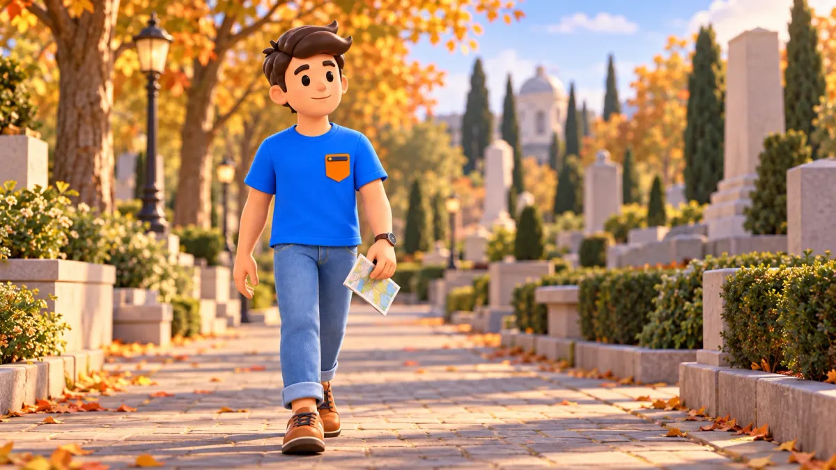 Illustration of a quiet walk through an imagined memorial garden