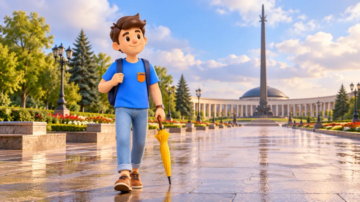 A traveler with a closed umbrella on an illustrative memorial avenue with obelisk and museum, 3D illustration