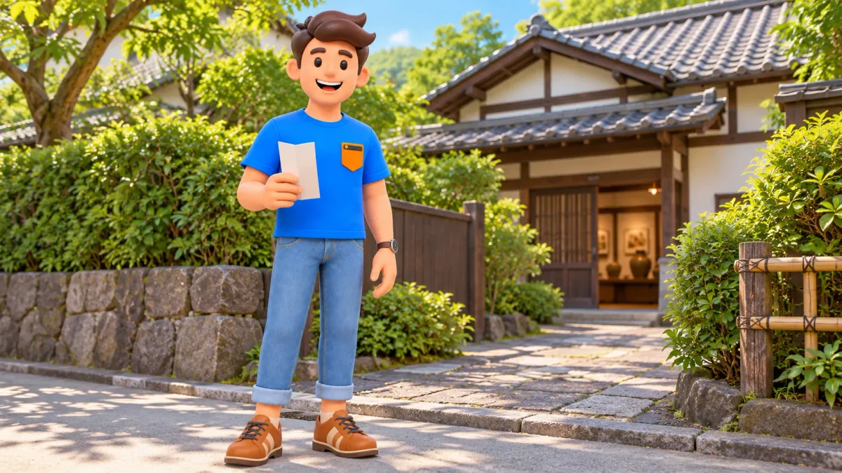 Traveler near a small museum in a leafy neighborhood