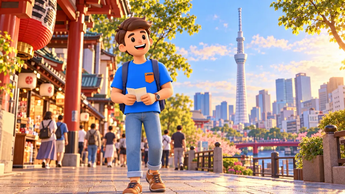 Viajero con una entrada y Skytree al fondo