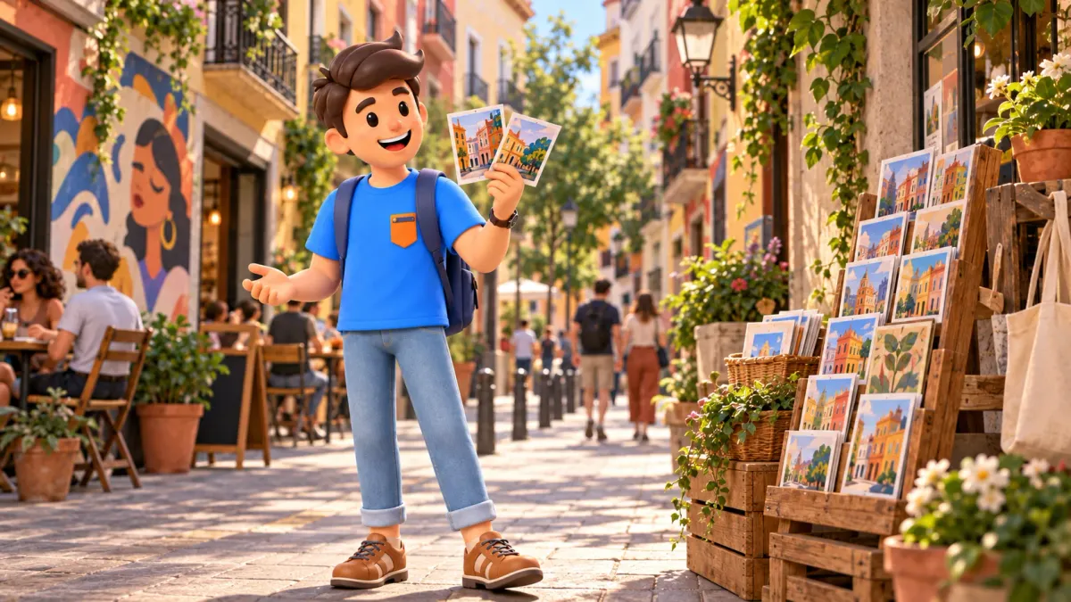 Ilustración de un viajero con postales en una pequeña calle madrileña