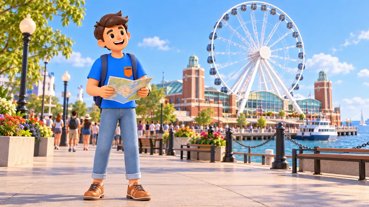 Viajero con un mapa en Navy Pier ante una noria estilizada.