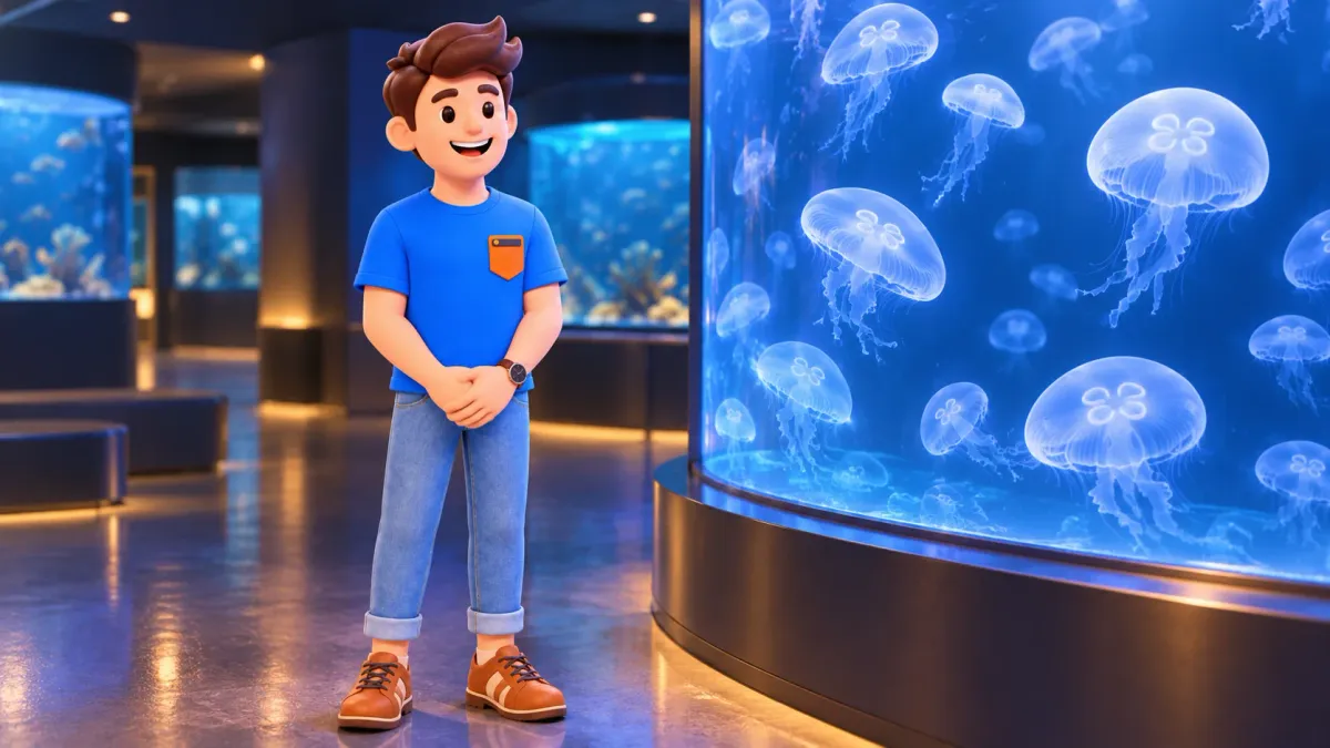 Viajero observando medusas detrás del cristal