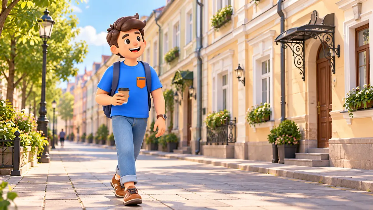 Un viajero con vaso de papel pasea por una antigua calle moscovita ilustrativa, ilustración 3D