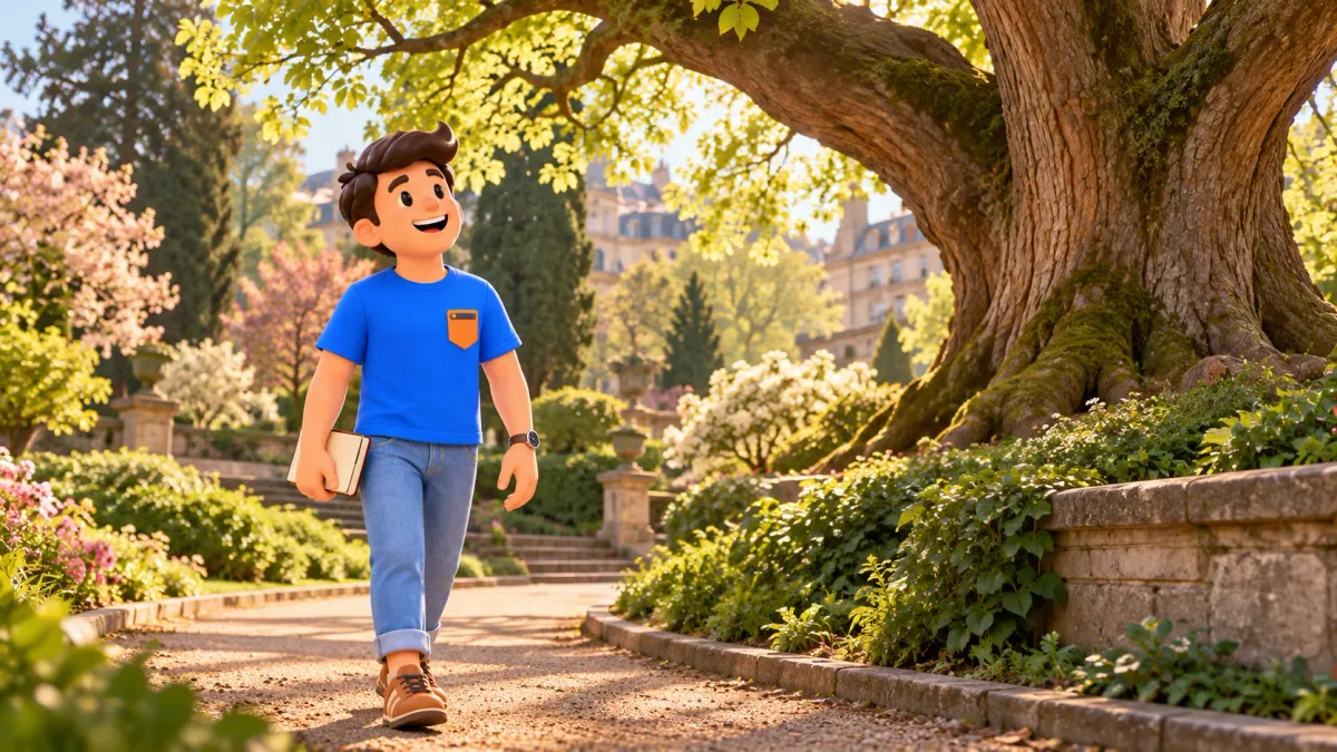 Ilustración de un viajero junto a un gran árbol en un jardín imaginario