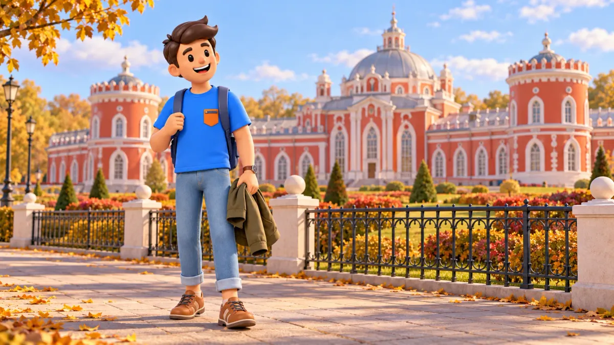 Un voyageur devant un palais de voyage rouge et blanc illustré derrière une clôture, illustration 3D