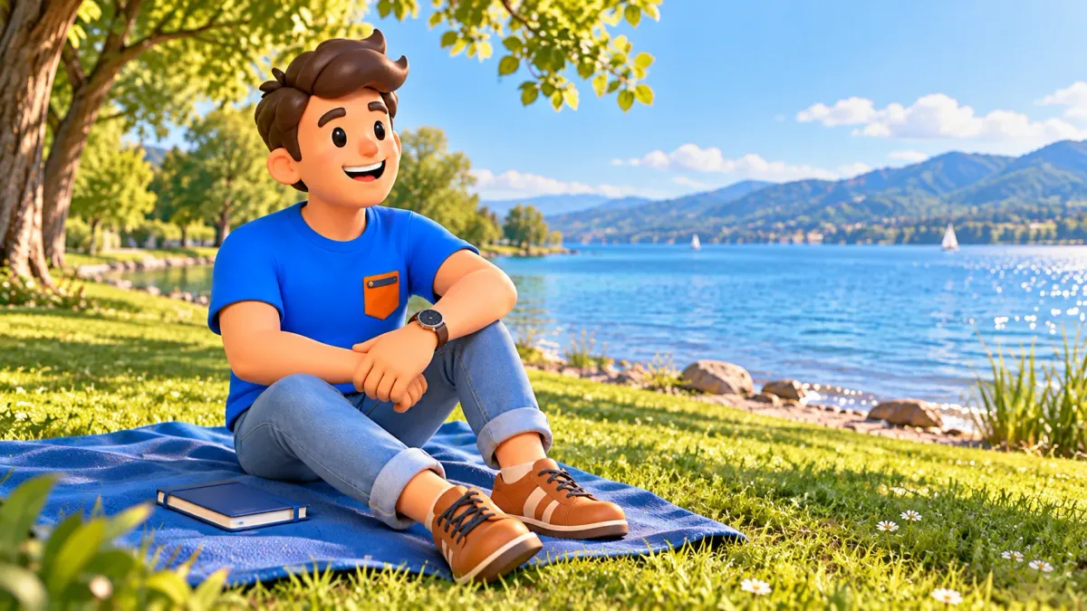 Ilustración de un viajero descansando en una manta junto al lago