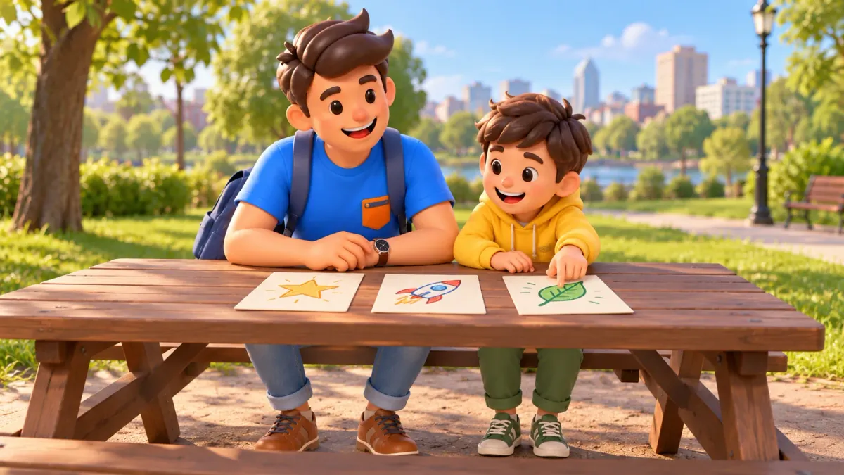 Un viajero y un niño eligen una tarjeta con hoja en una mesa del parque, ilustración 3D
