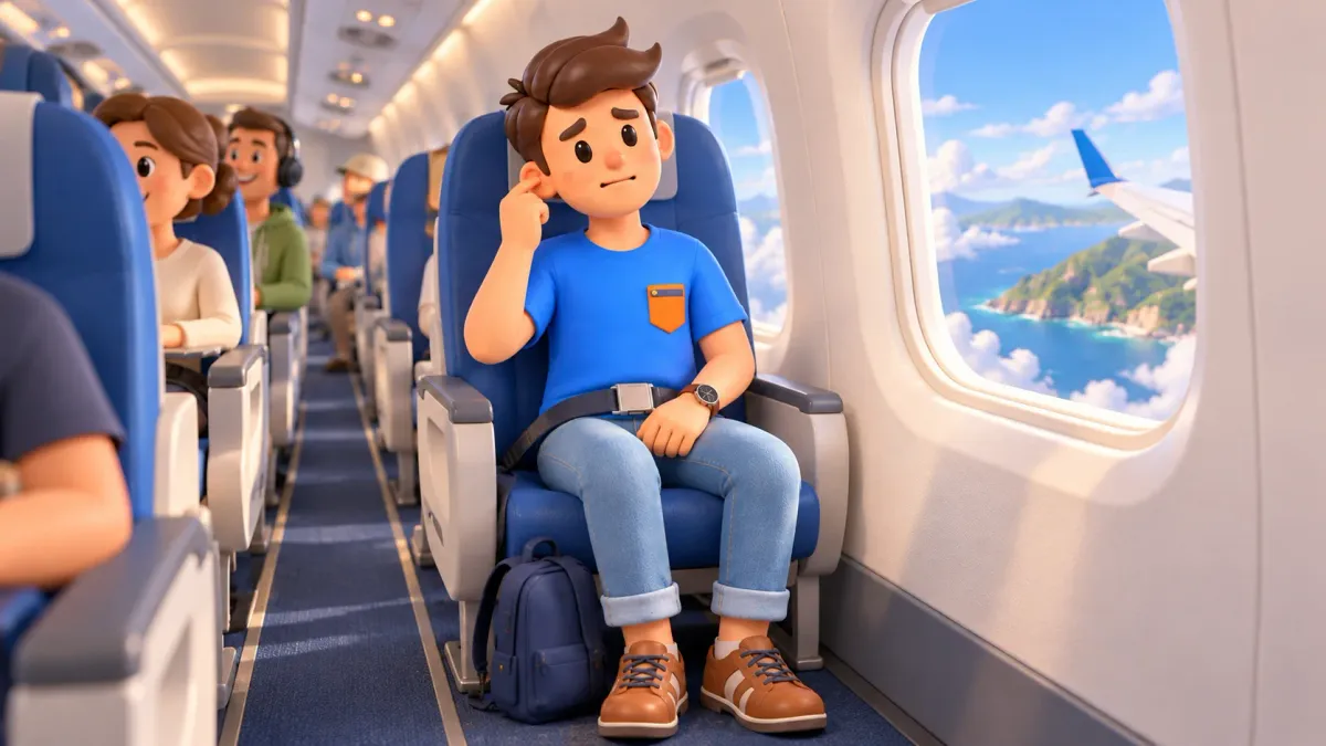 Traveller notices ear fullness while seated on a plane