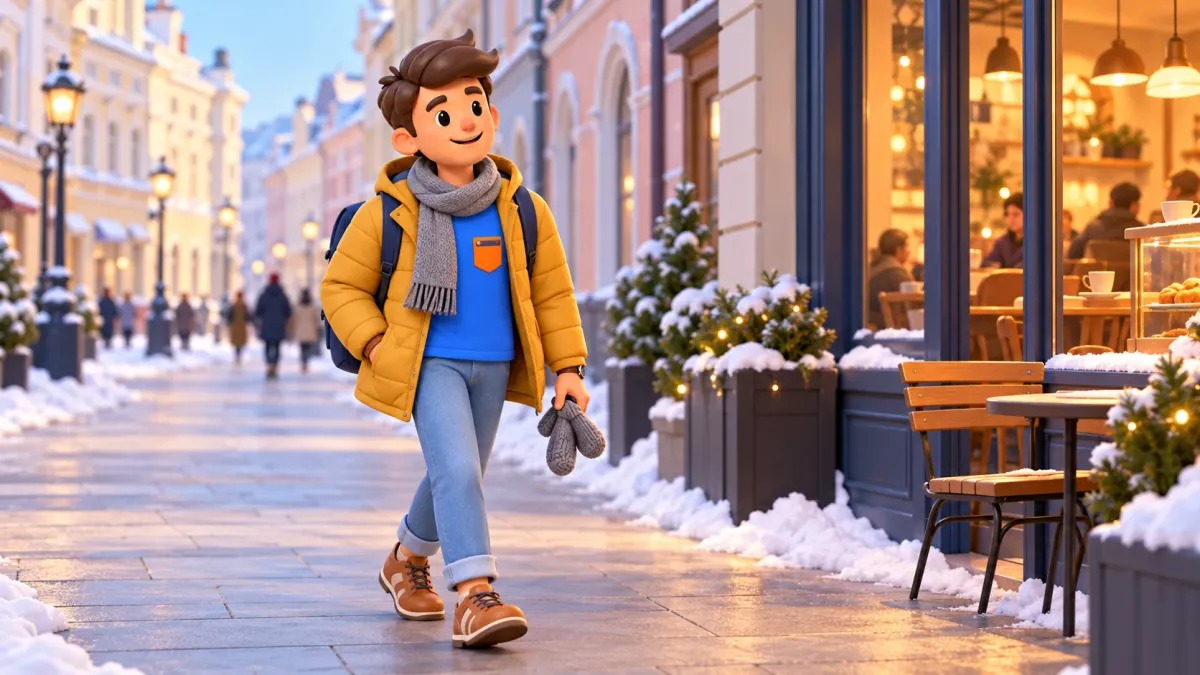 A traveler in a winter coat walks along an illustrative Moscow street beside a warm cafe window, 3D illustration