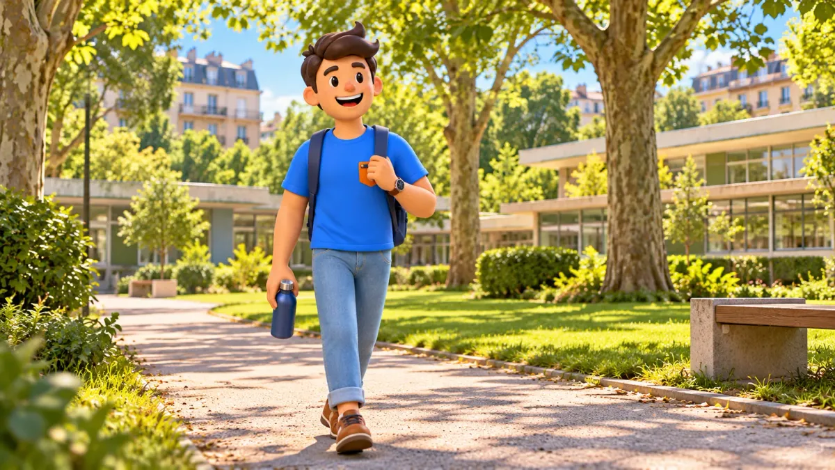 Un viajero camina por un parque junto a edificios escolares bajos