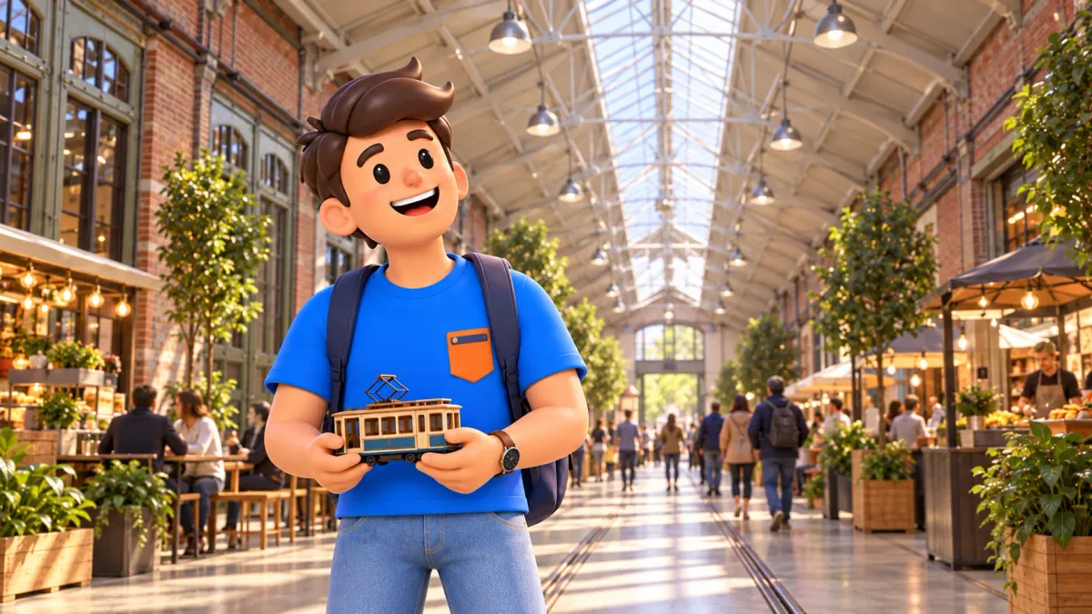 Illustration of a traveller with a model tram in the former De Hallen depot passage