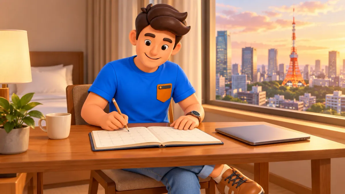 Traveler planning a trip at a hotel desk