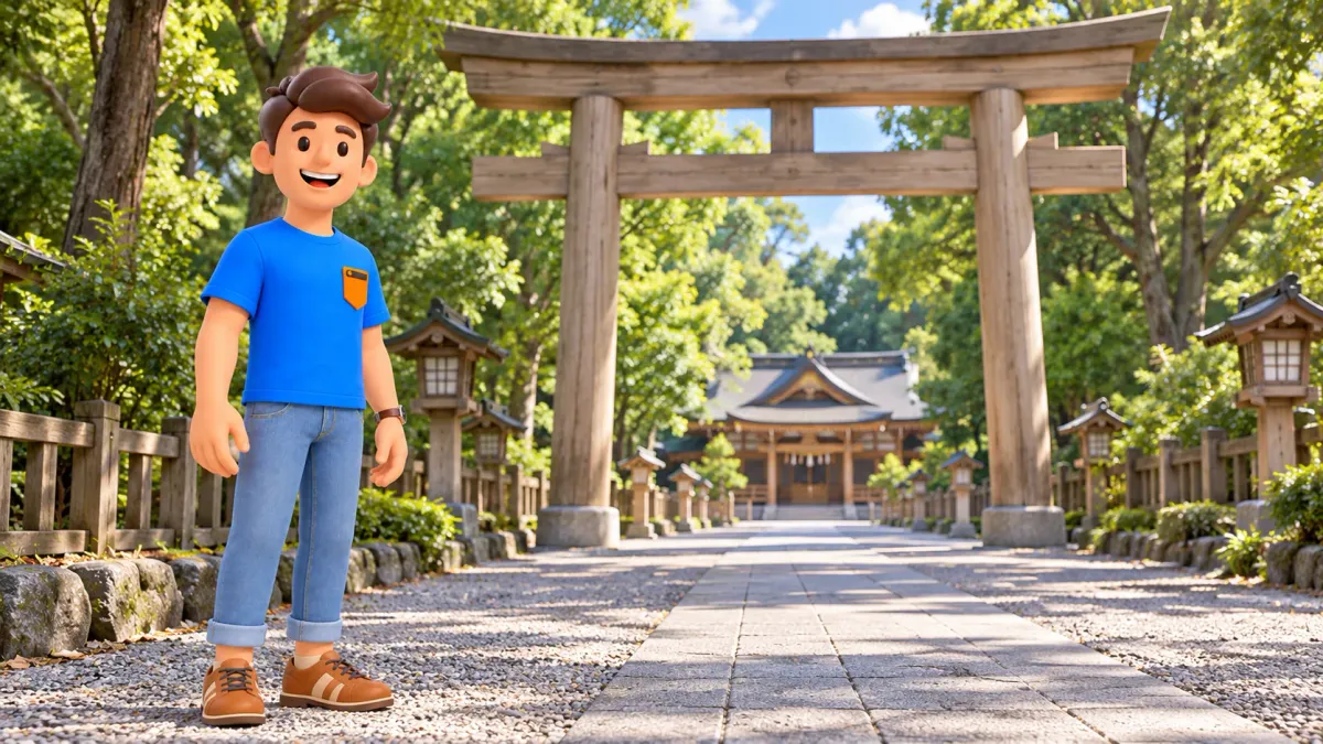 Reisender an einem hölzernen Torii am Schreinzutritt.