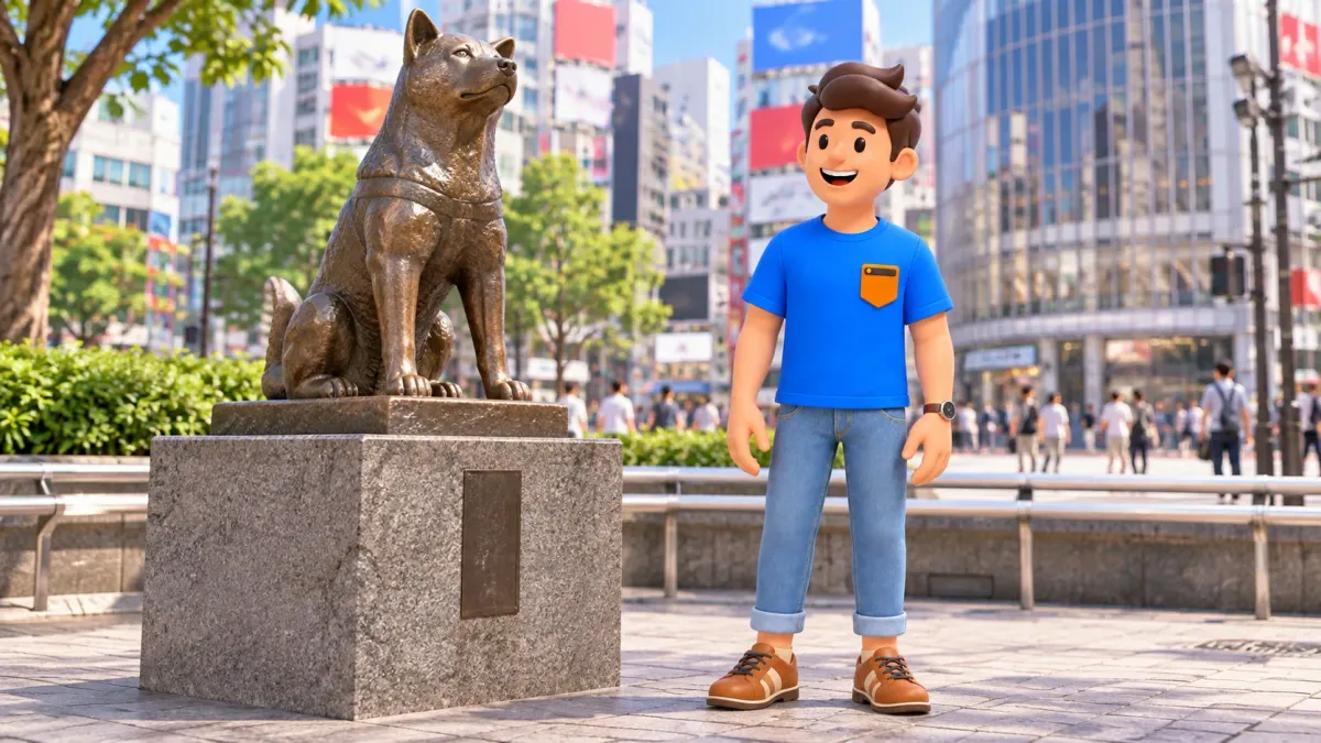 Traveler beside the bronze Hachiko in Shibuya.