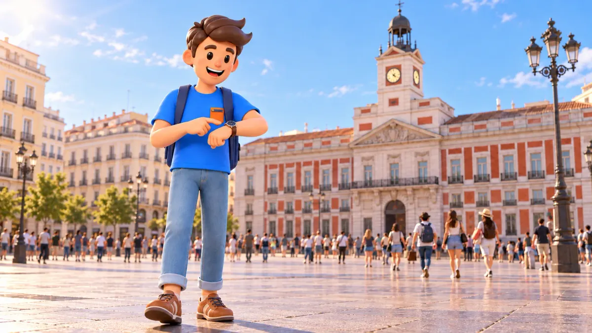 Ilustración de un viajero mirando su reloj en la Puerta del Sol