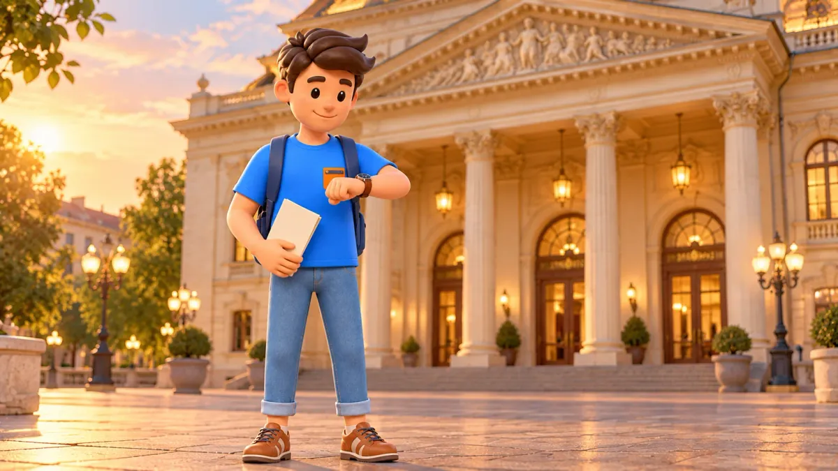 Un viajero con programa en blanco mira el reloj ante un teatro ilustrativo, ilustración 3D