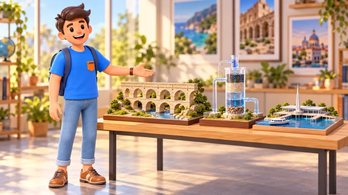 Un voyageur près de trois maquettes conceptuelles : aqueduc, installation d’eau et gare fluviale, illustration 3D