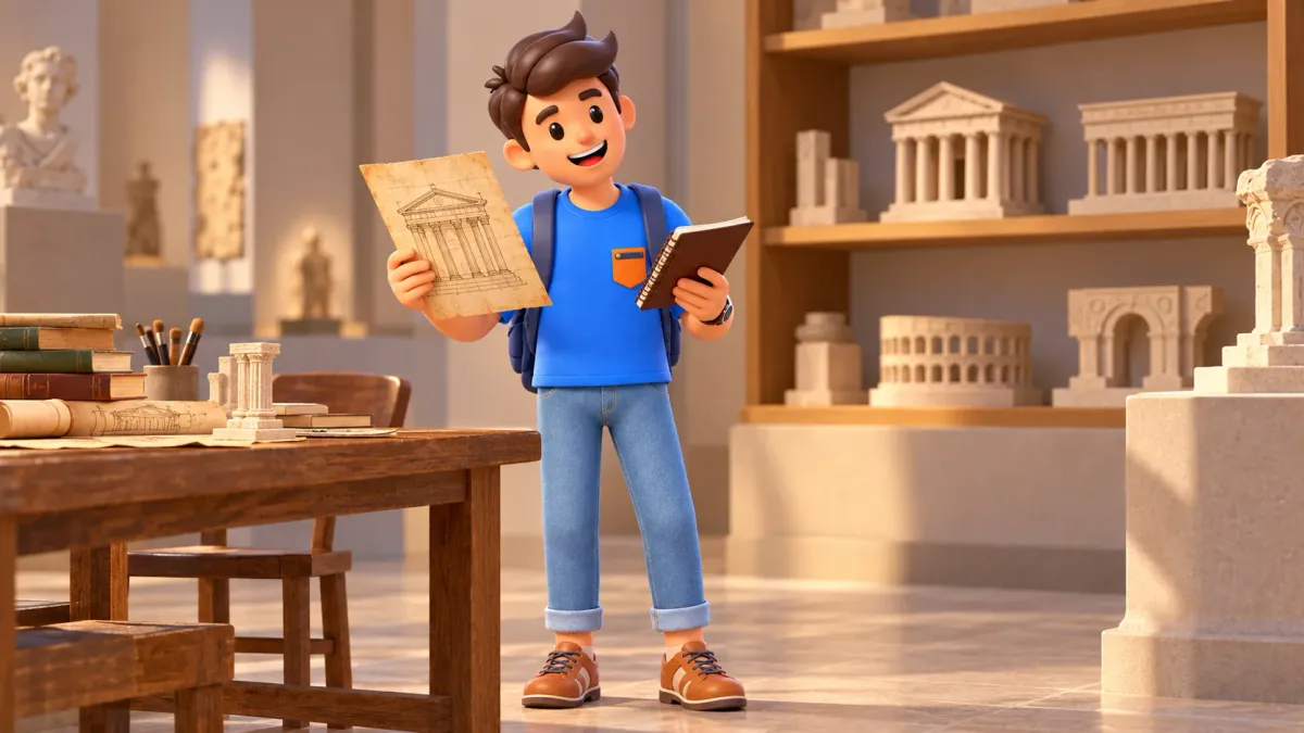 A traveler with an illustrative old drawing and notebook among architectural models, 3D illustration