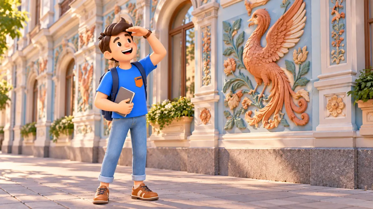 A traveler studies an original illustrative terracotta bird on a pale blue facade, 3D illustration