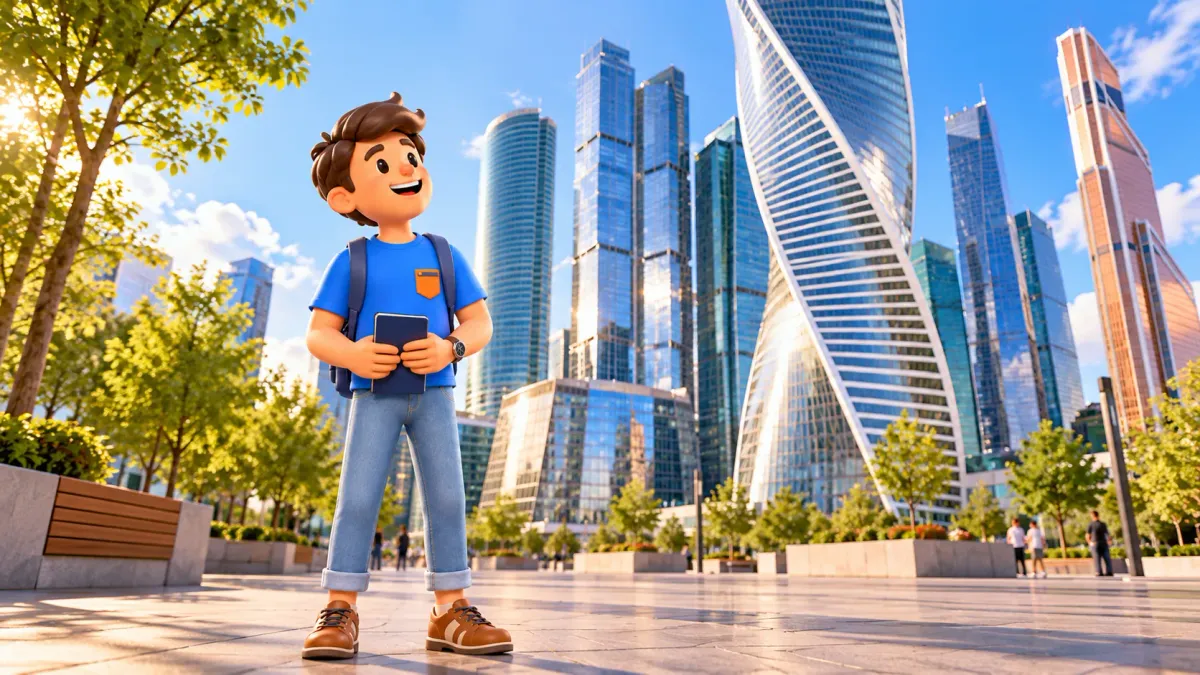 Künstlerische 3D-Illustration: Reisender auf einem offenen öffentlichen Platz bei stilisierten Türmen von Moskau City.