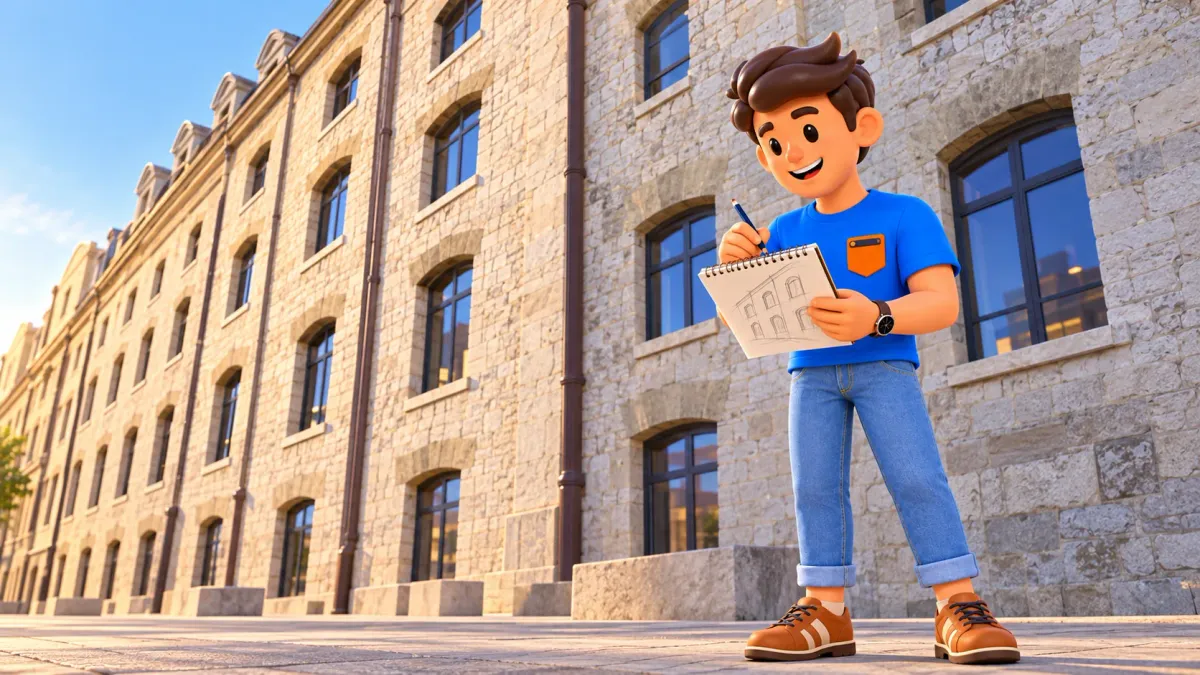 Illustrierter Reisender skizziert Fenster vor einer nach Foto gestalteten Fassade der Docks von Marseille