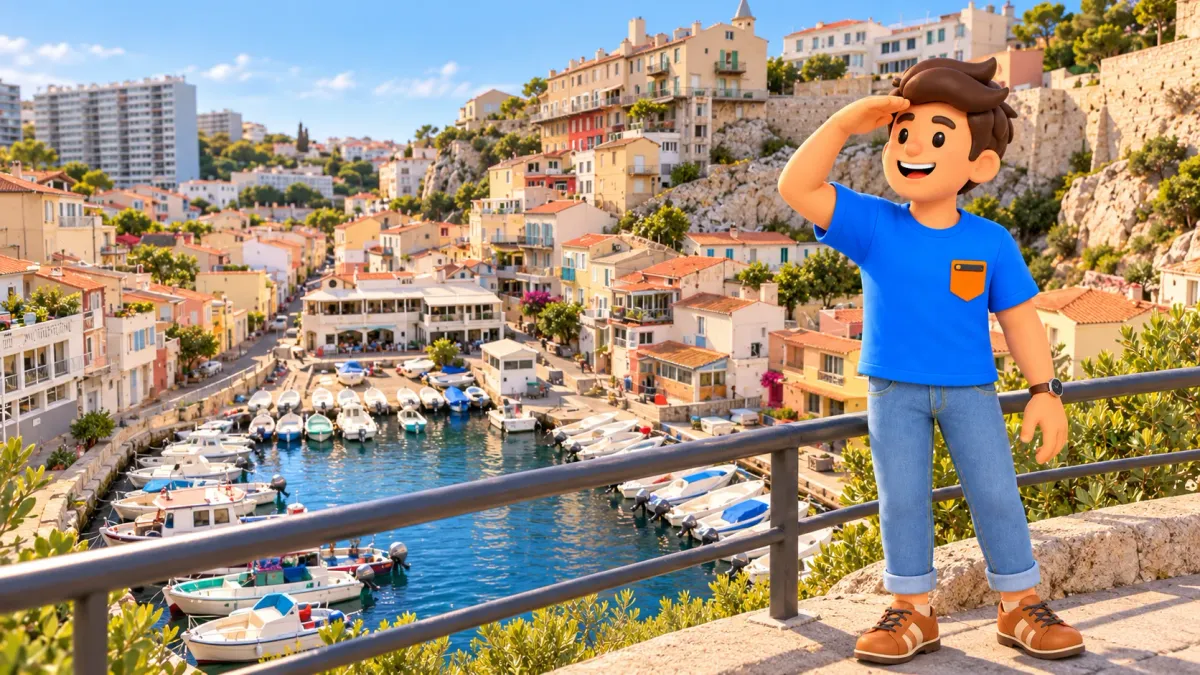 Viajero ilustrado observa una recreación del Vallon des Auffes desde un mirador superior ficticio