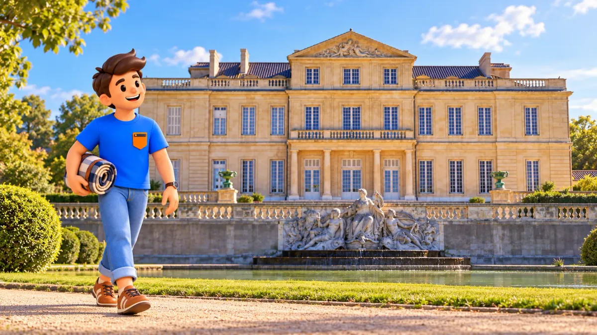 Viajero ilustrado camina con una manta enrollada ante el Château Borély recreado a partir de una foto