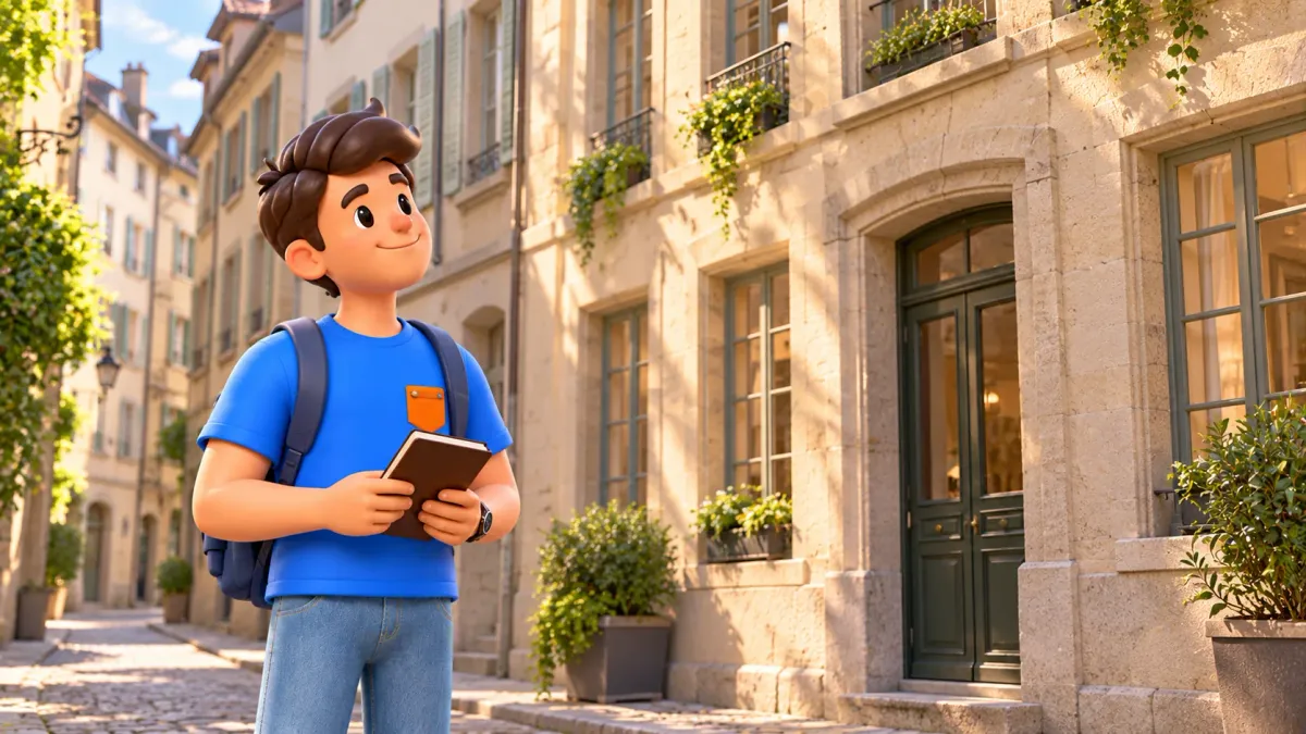 A traveller with a notebook viewing a historic townhouse