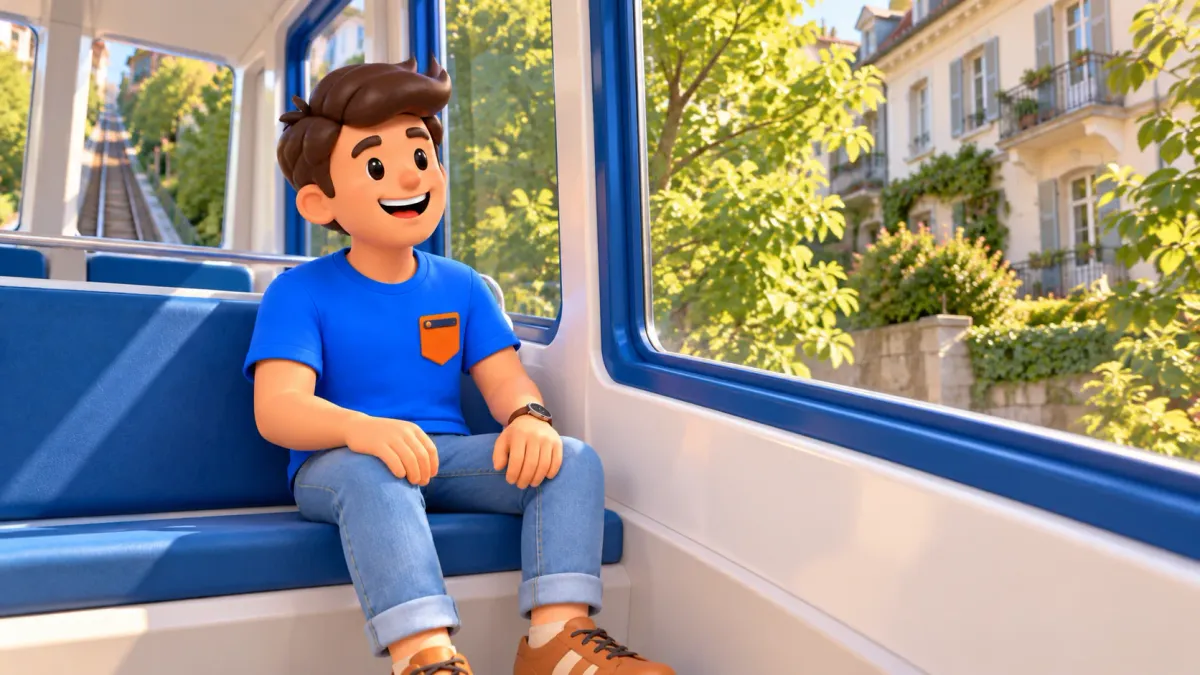 Illustration eines Reisenden in einer beispielhaften modernen blau-weissen Seilbahnkabine