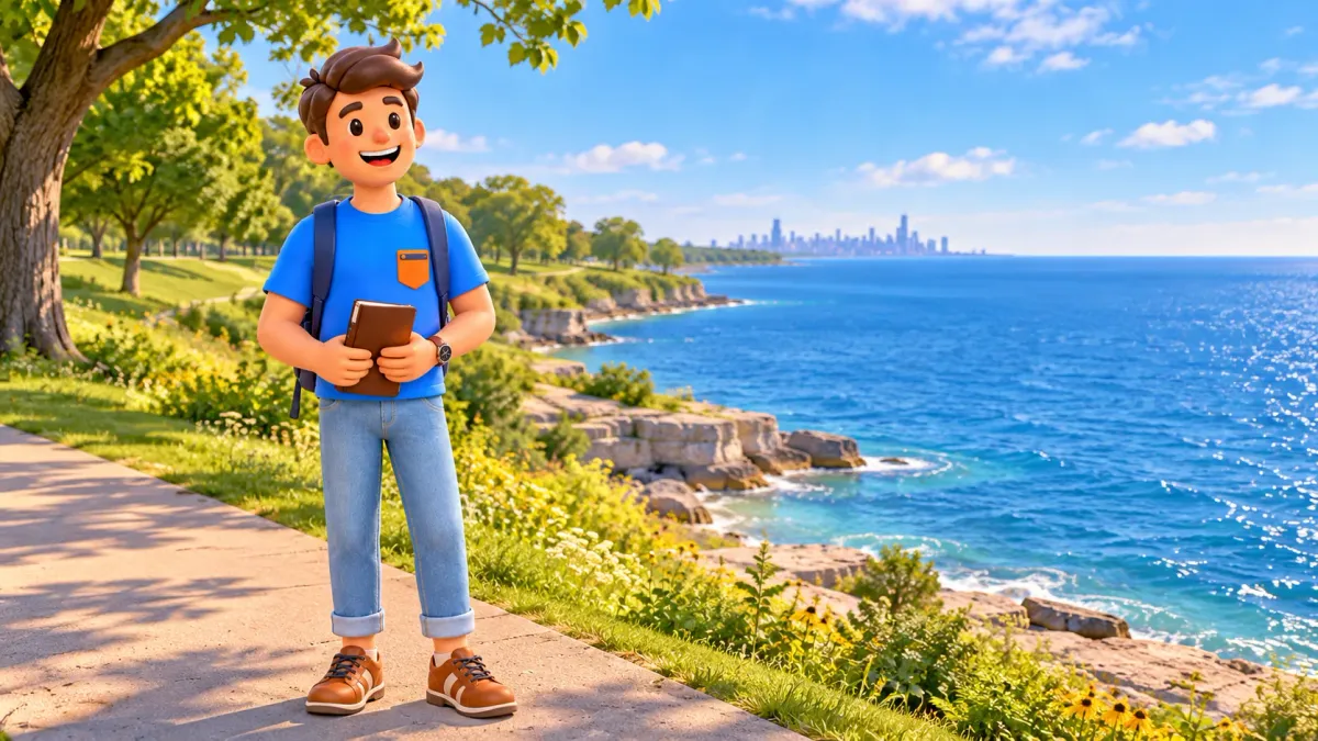 Traveller with a notebook on an upper park path overlooking Lake Michigan.