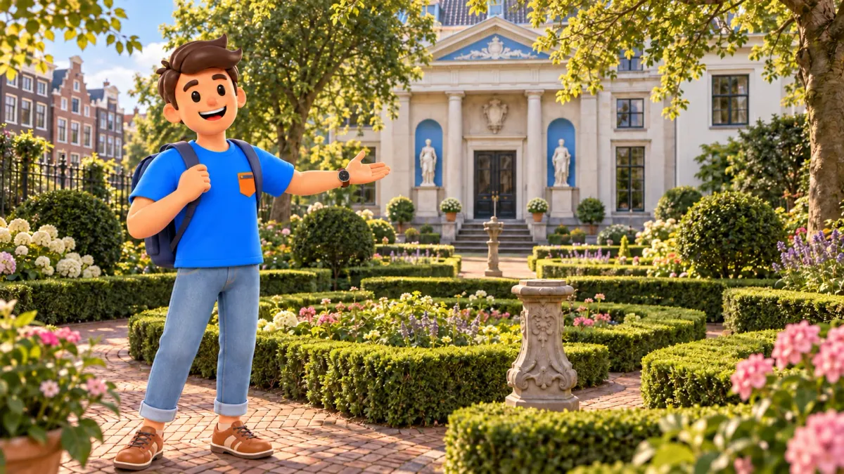 Illustration d’un voyageur présentant le jardin et les anciennes remises du musée Van Loon