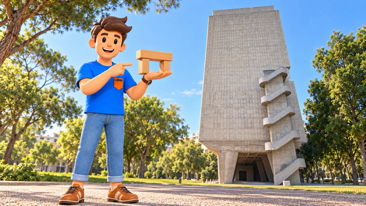 Illustrated traveller demonstrating a simple wooden block structure before the photo-inspired end wall of Le Corbusier’s Marseille housing unit