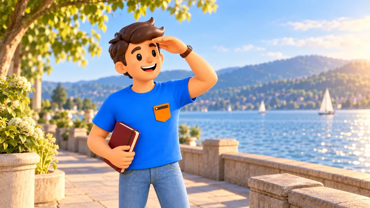 Ilustración de un viajero con cuaderno en una terraza imaginaria junto al lago