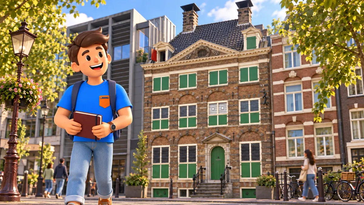 Ilustración de un viajero con cuaderno burdeos ante la Casa Museo Rembrandt