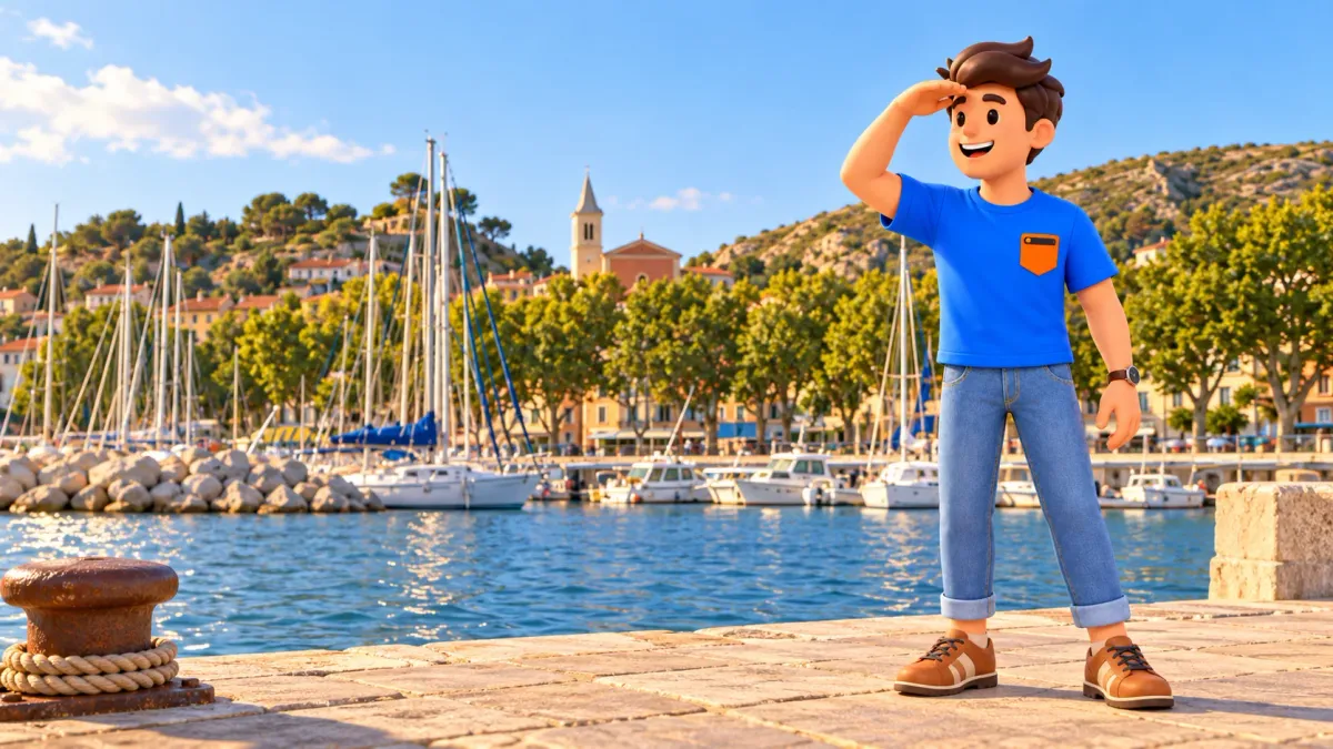 Voyageur illustré se protégeant les yeux du soleil près du port de L’Estaque recréé d’après photo