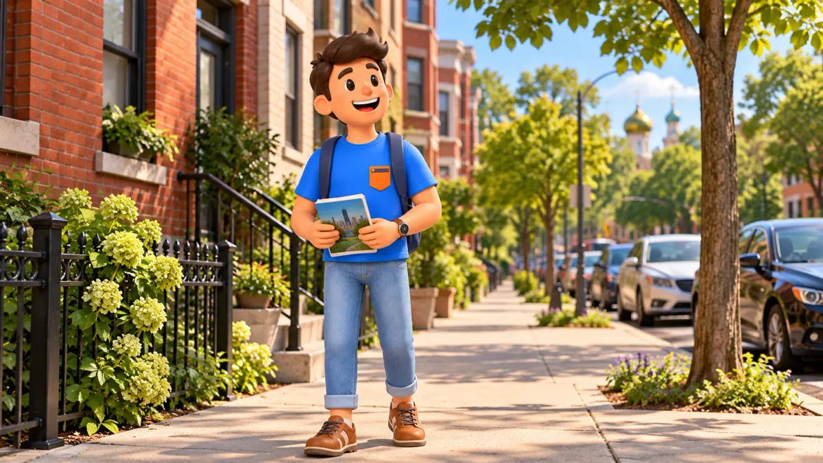Voyageur avec un guide dans Ukrainian Village, illustration artistique