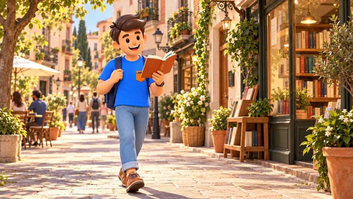 Illustration of a traveller reading a book on a small Madrid street
