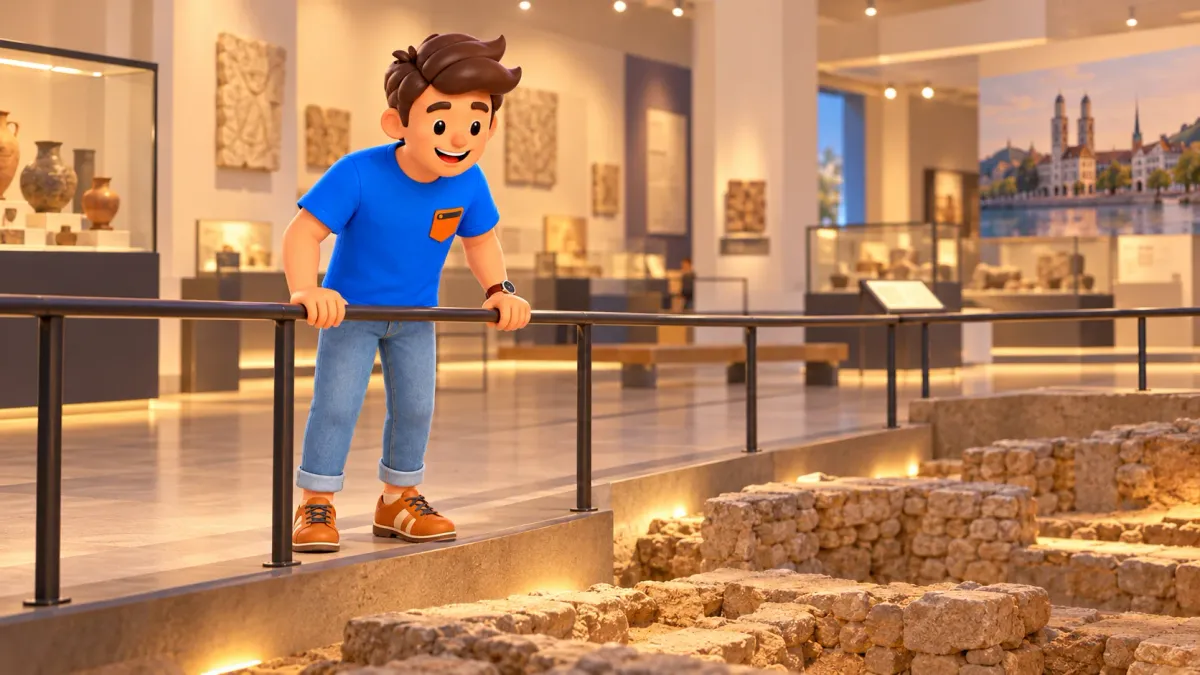 Ilustración de un viajero mirando restos arqueológicos imaginarios tras una barandilla