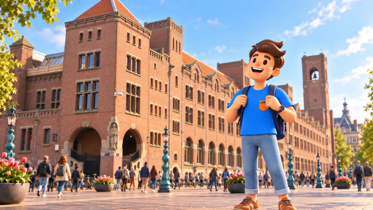 Illustration d’un voyageur devant la longue façade de brique de la Beurs van Berlage