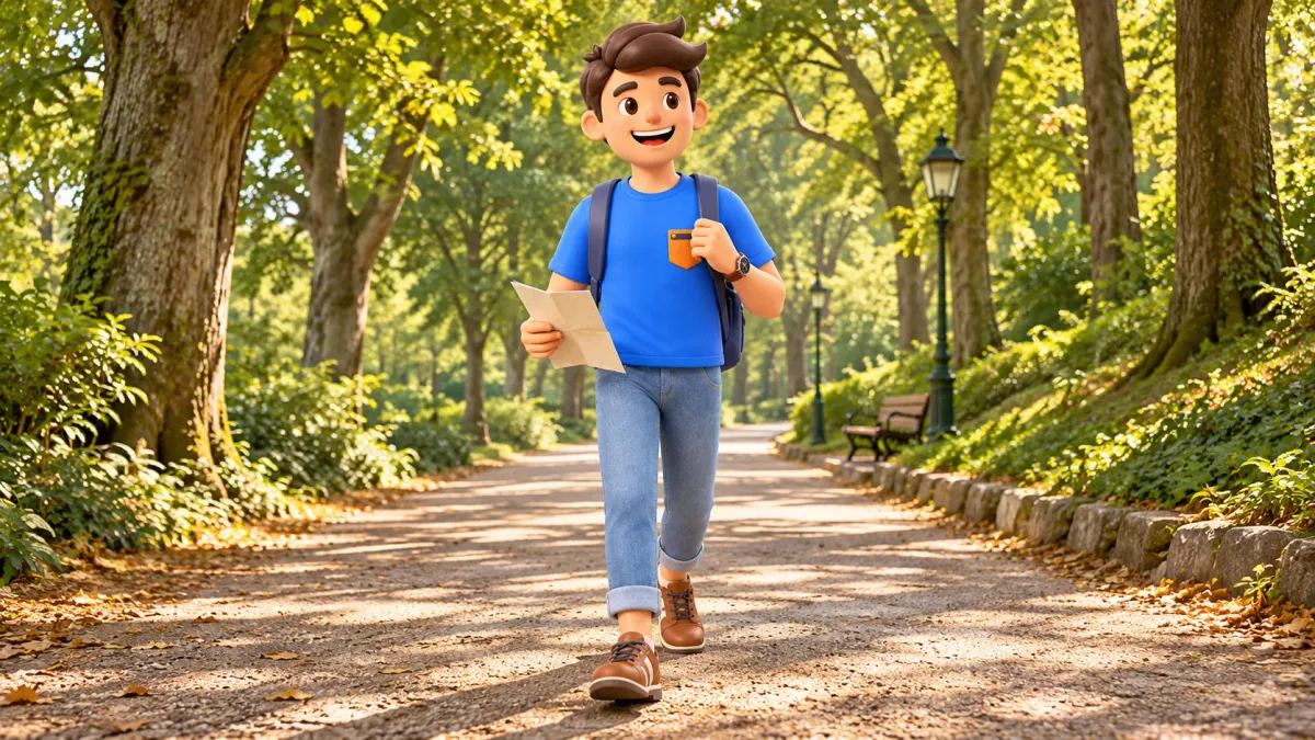 Un viajero camina por un sendero sombreado entre árboles