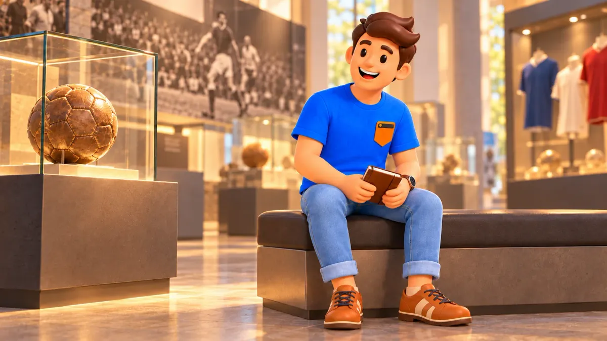 Illustration eines Reisenden bei einer beispielhaften Vitrine mit historischem Fußball