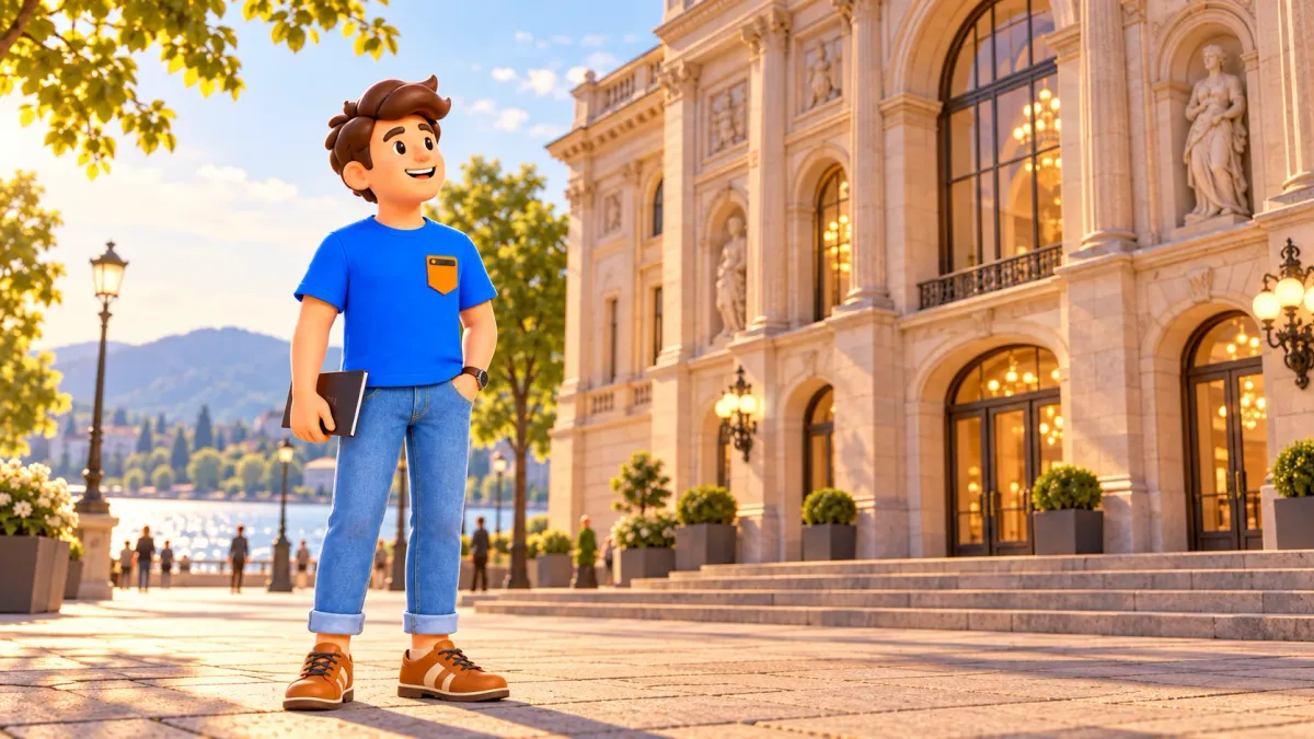 Illustration d’un voyageur devant un bâtiment culturel historique imaginaire près du lac