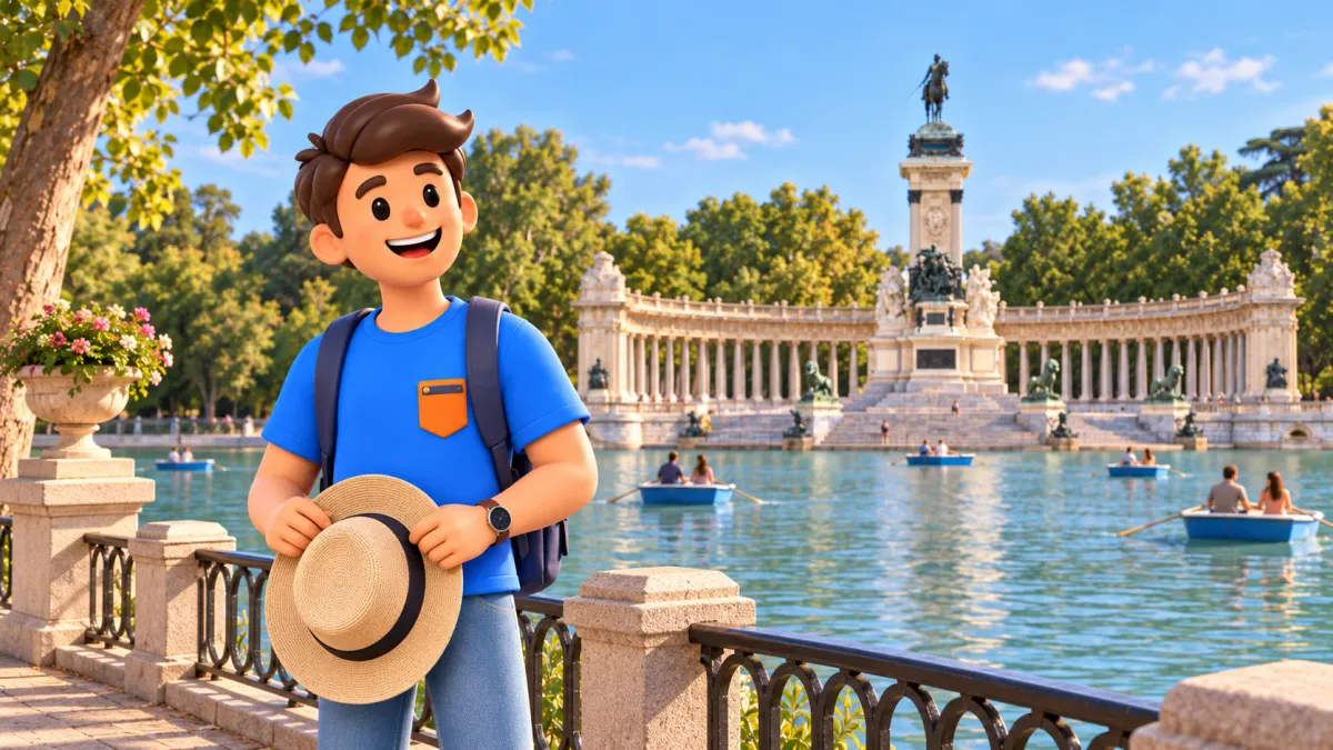 Ilustración de un viajero con sombrero junto al estanque del Retiro y el monumento a Alfonso XII