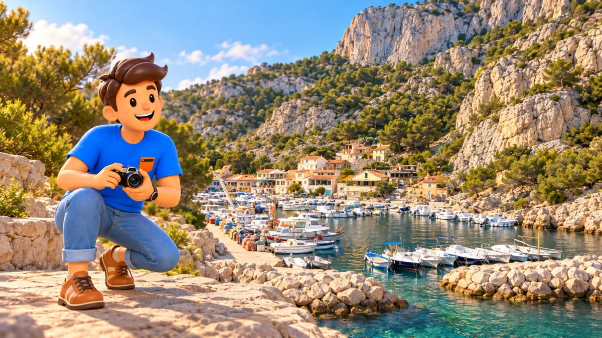 Illustrated traveller holding a camera in a fictional foreground before the photo-inspired Morgiou harbour