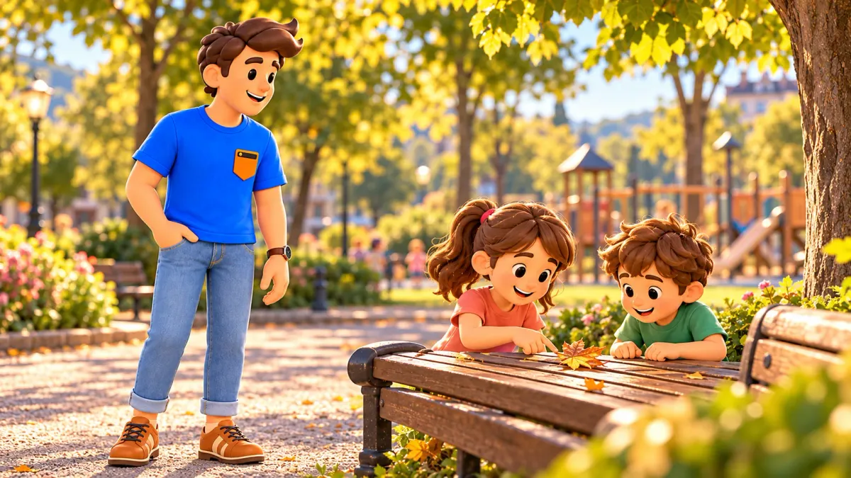 Illustration of a traveller and children examining a leaf by a park bench