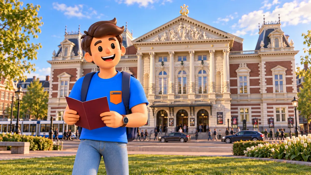 Illustration eines Reisenden mit Programm vor dem Concertgebouw