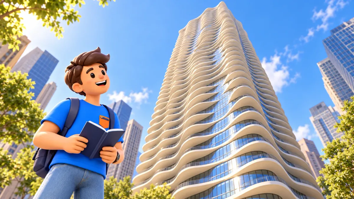 Voyageur regardant un gratte-ciel stylisé aux balcons blancs ondulants